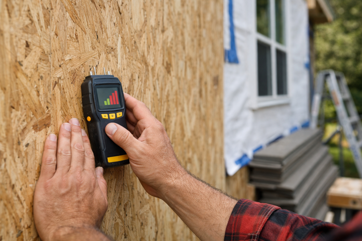 Testeur d'humidité mesurant le taux maximum acceptable avant pose de revêtement extérieur sur mur