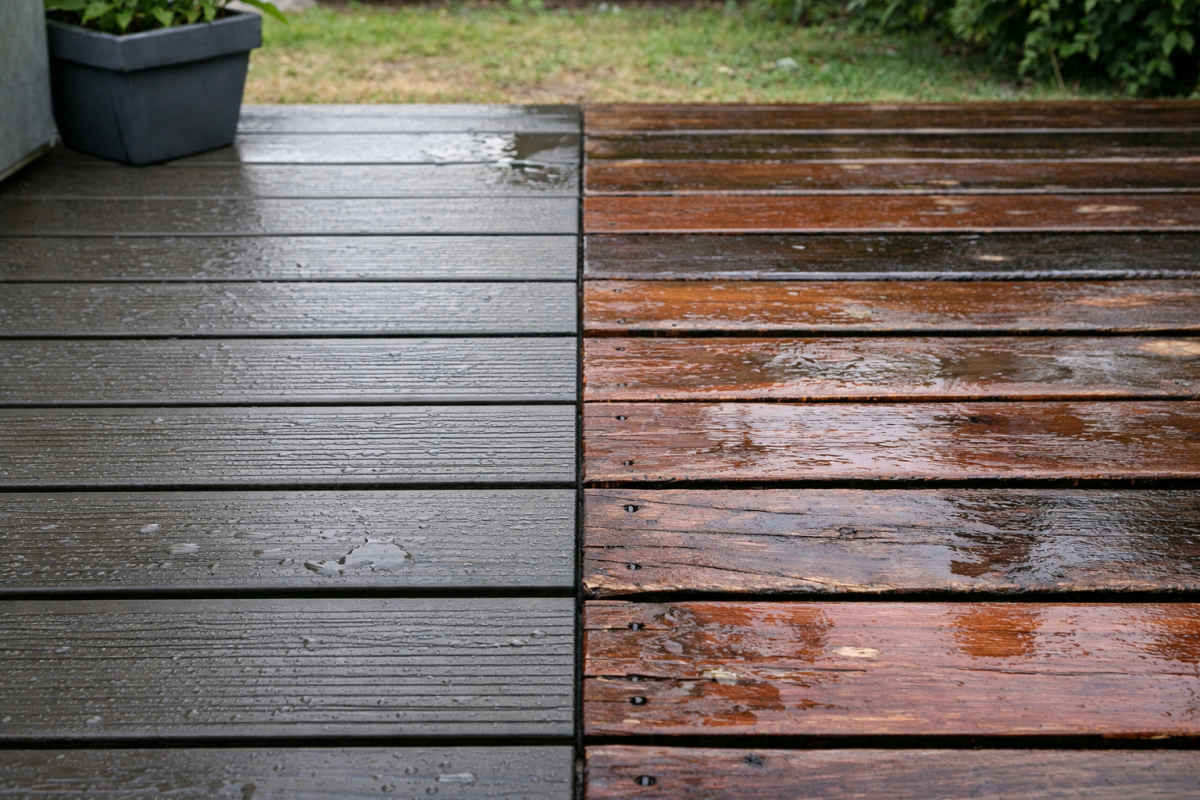 Comparaison terrasse composite et bois exotique face aux intempéries, pluie et soleil