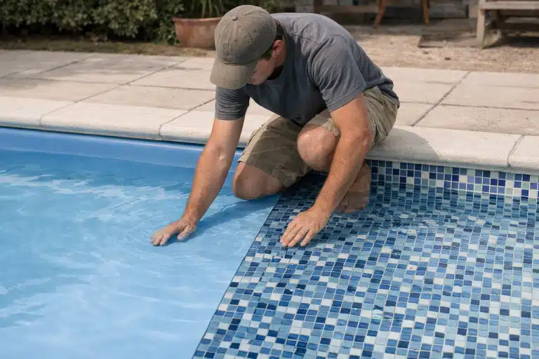 Homme posant une bâche de piscine bleue