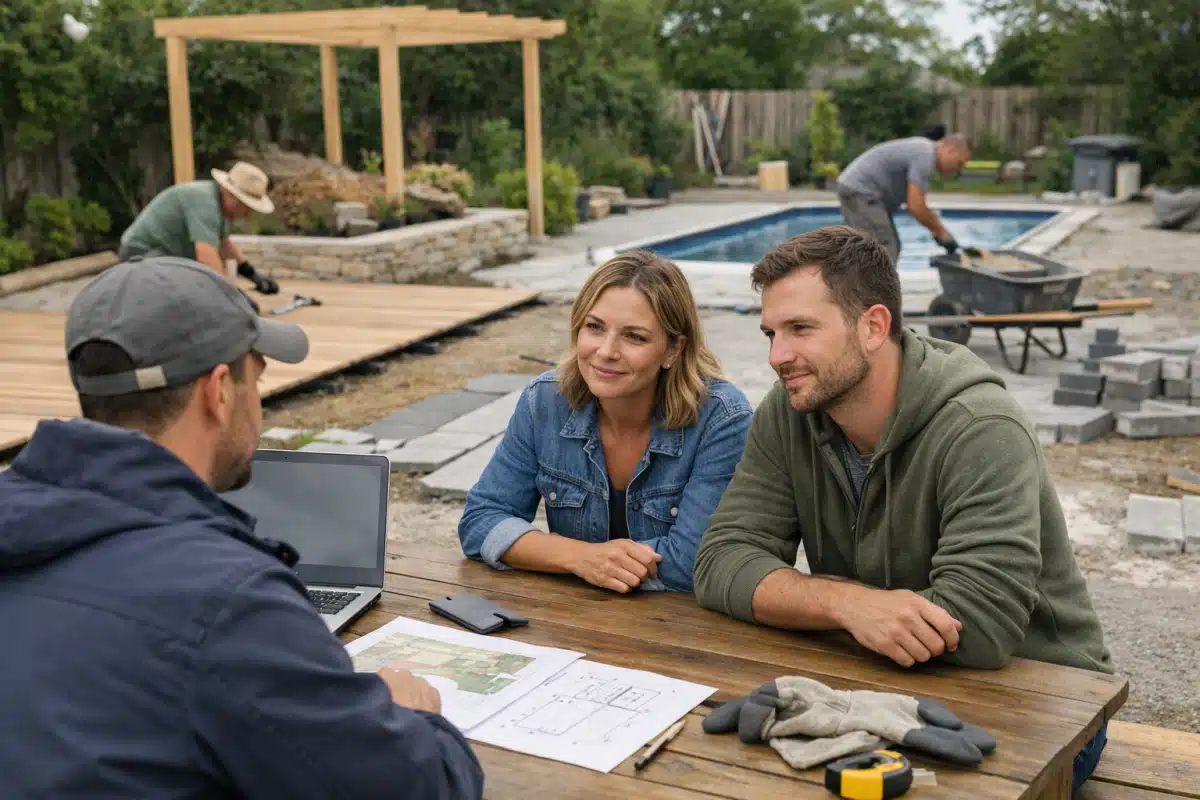 Couple consultant des plans sur chantier de piscine