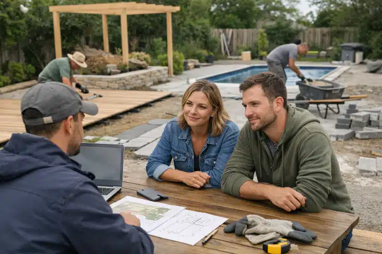Couple consultant des plans sur chantier de piscine