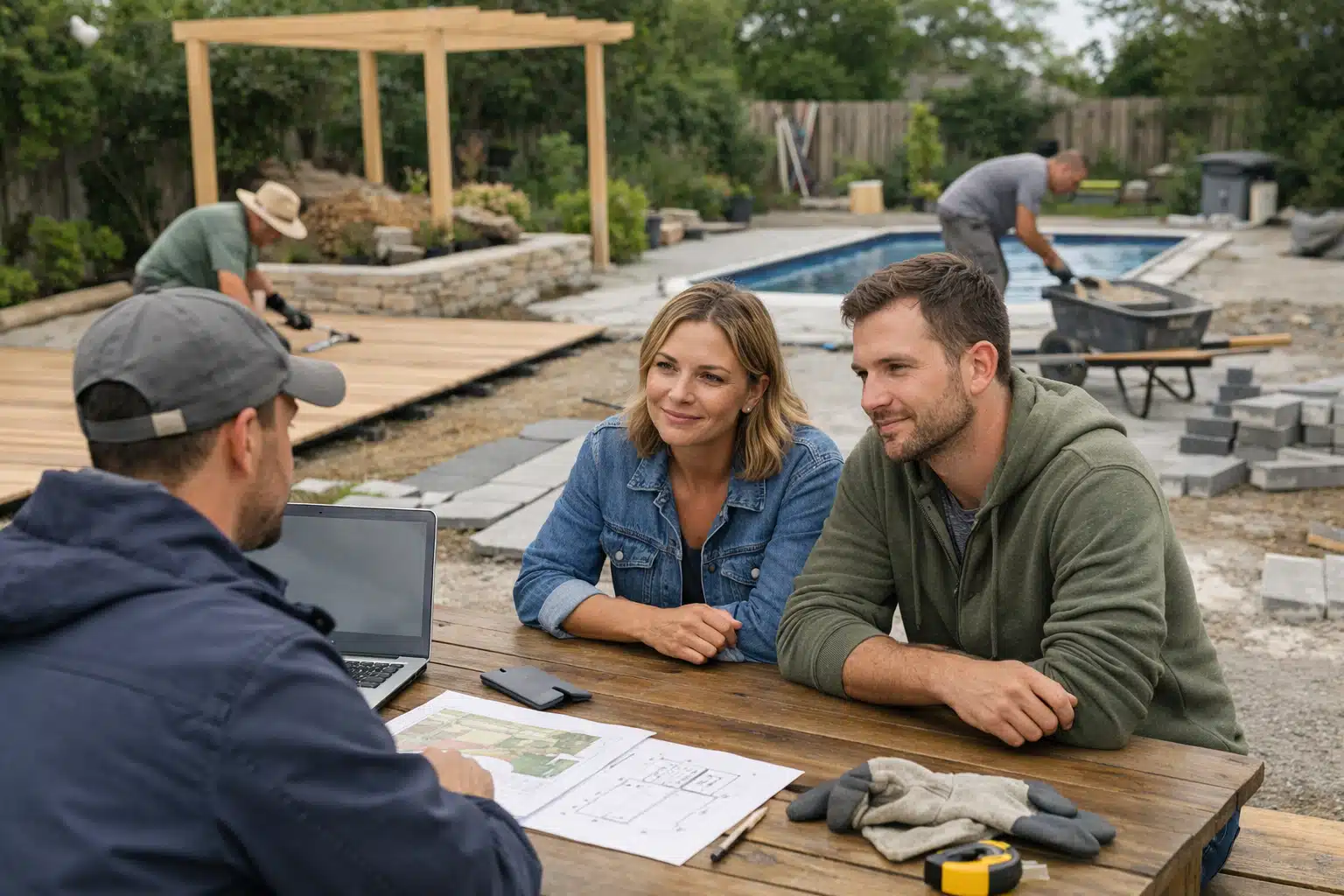 Couple consultant des plans sur chantier de piscine