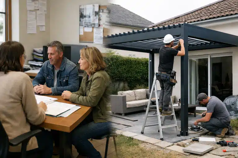 Couple à table, technicien installe pergola motorisée