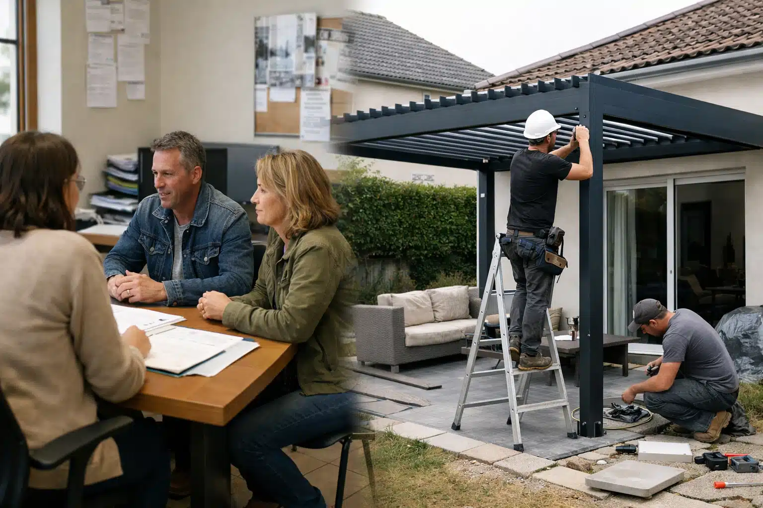 Couple à table, technicien installe pergola motorisée