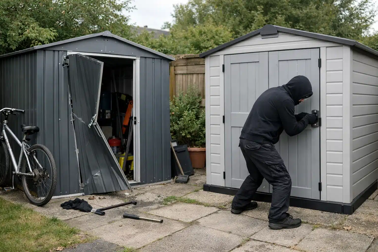 Personne masquée sortant d'un abri de jardin ouvert