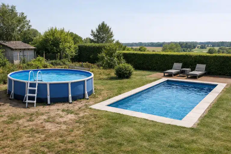 Piscine enterrée rectangulaire et piscine hors-sol ronde