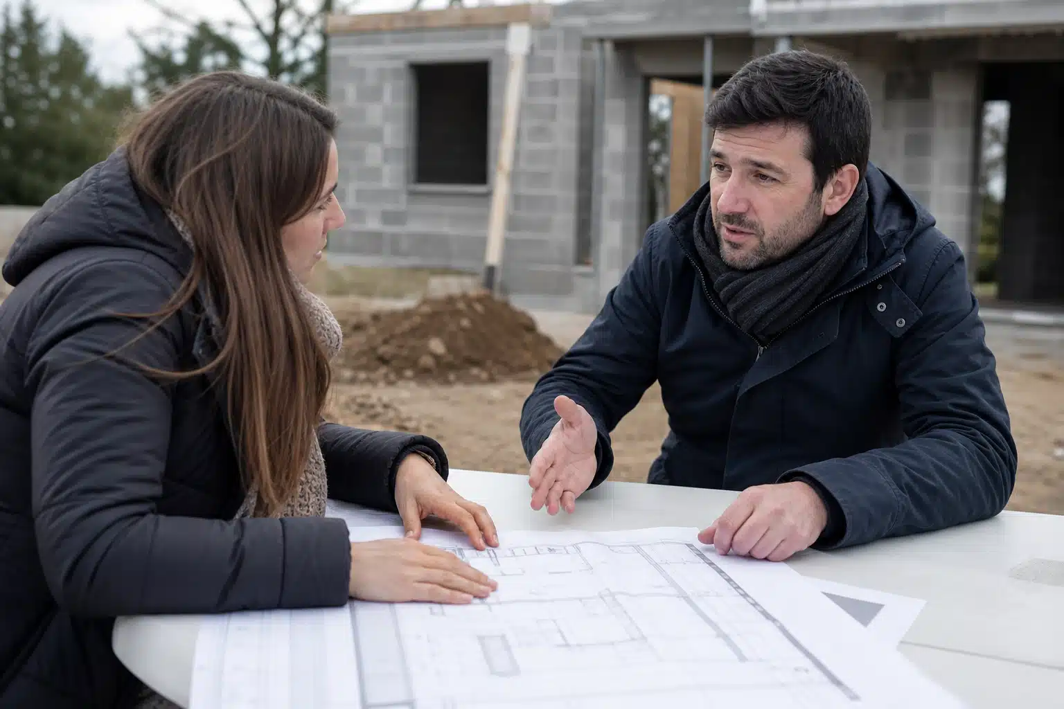 Deux personnes examinant des plans sur un chantier